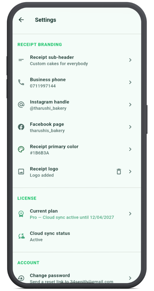 Receipt Branding Settings screen inside the Orderly Android app