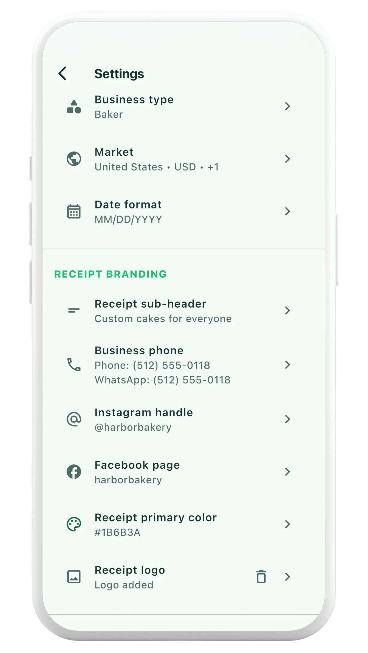 Orderly receipt branding settings