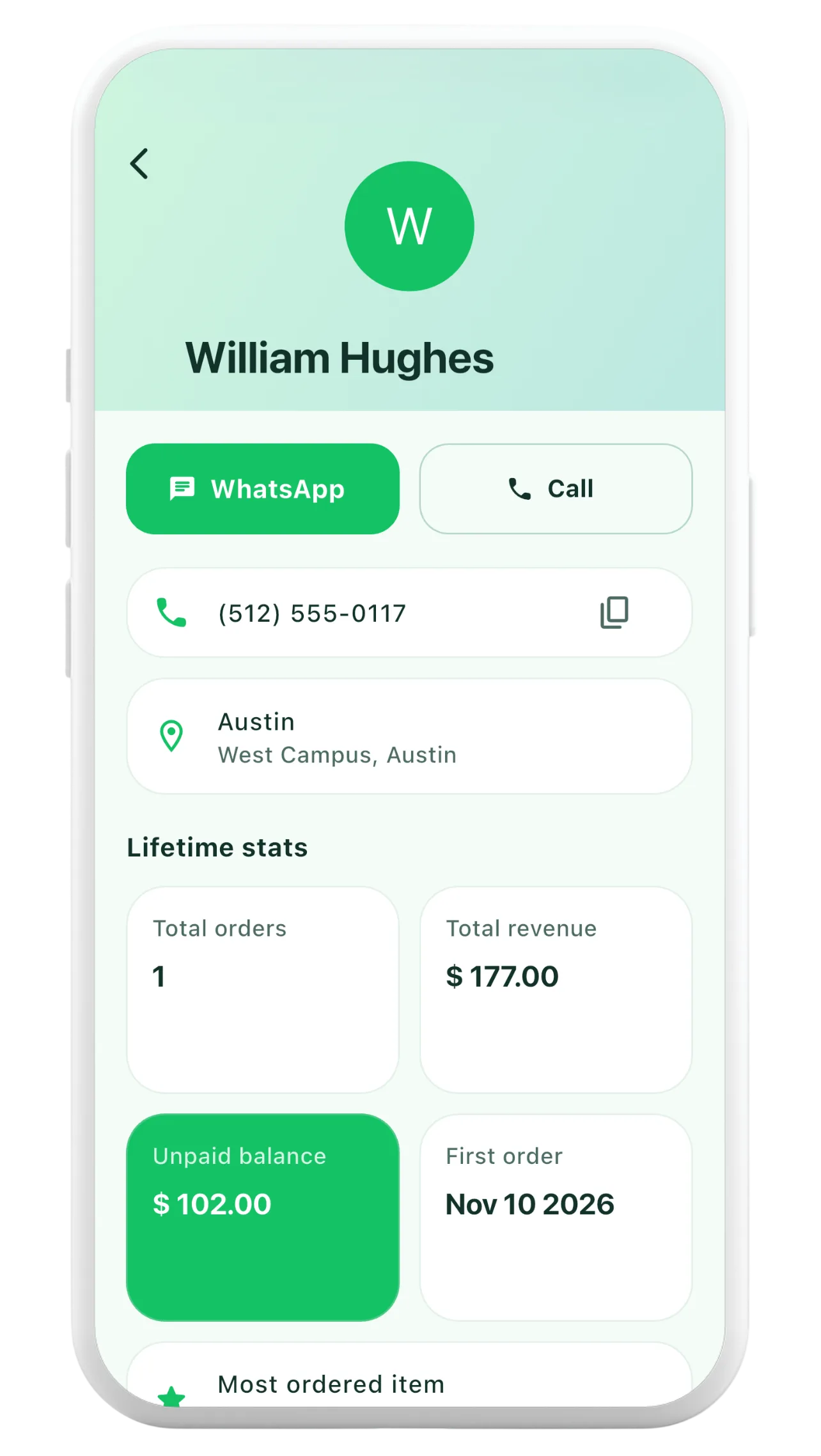 Orderly customer history showing previous orders and spending information