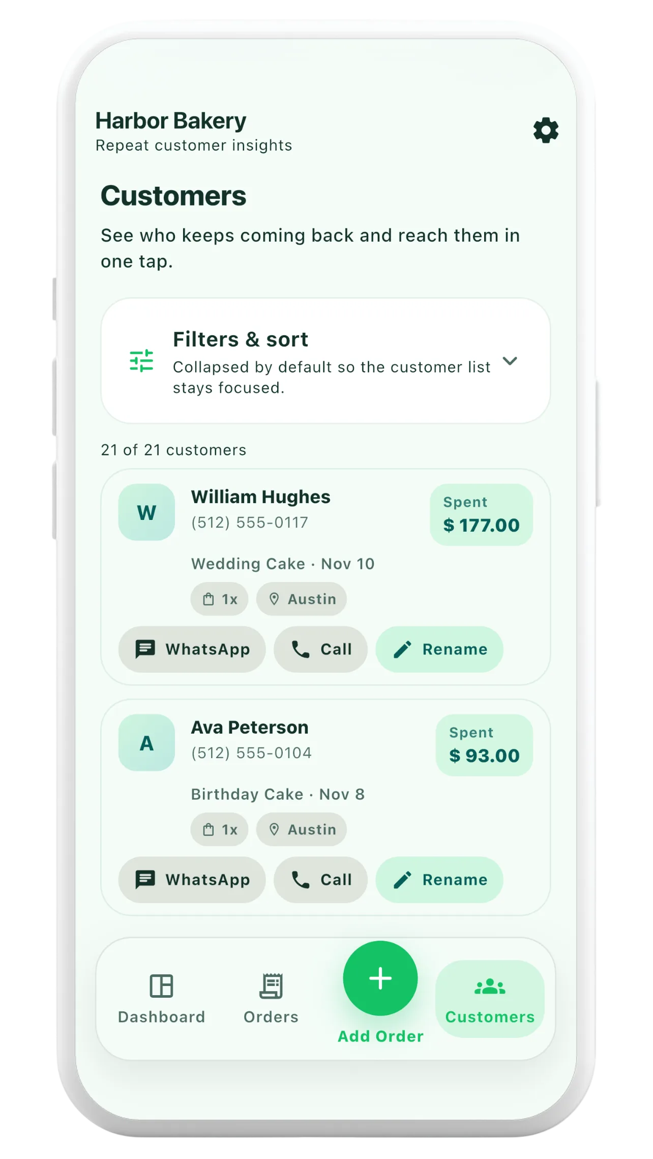 Orderly customer list with multiple contact records
