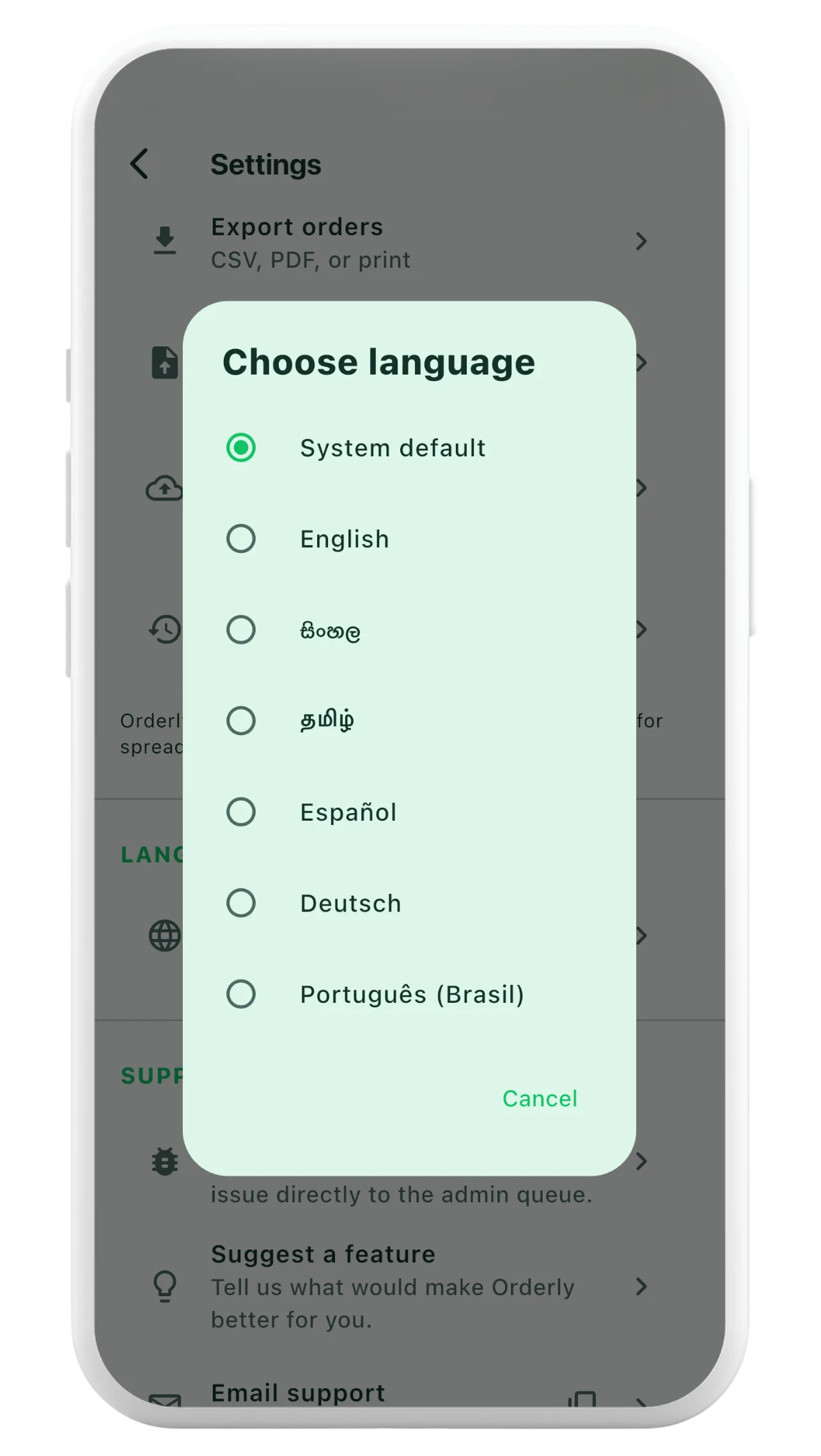 App Languages screen of the Orderly mobile app