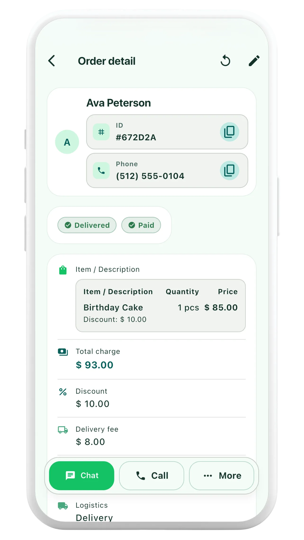 Orderly order detail with payment totals