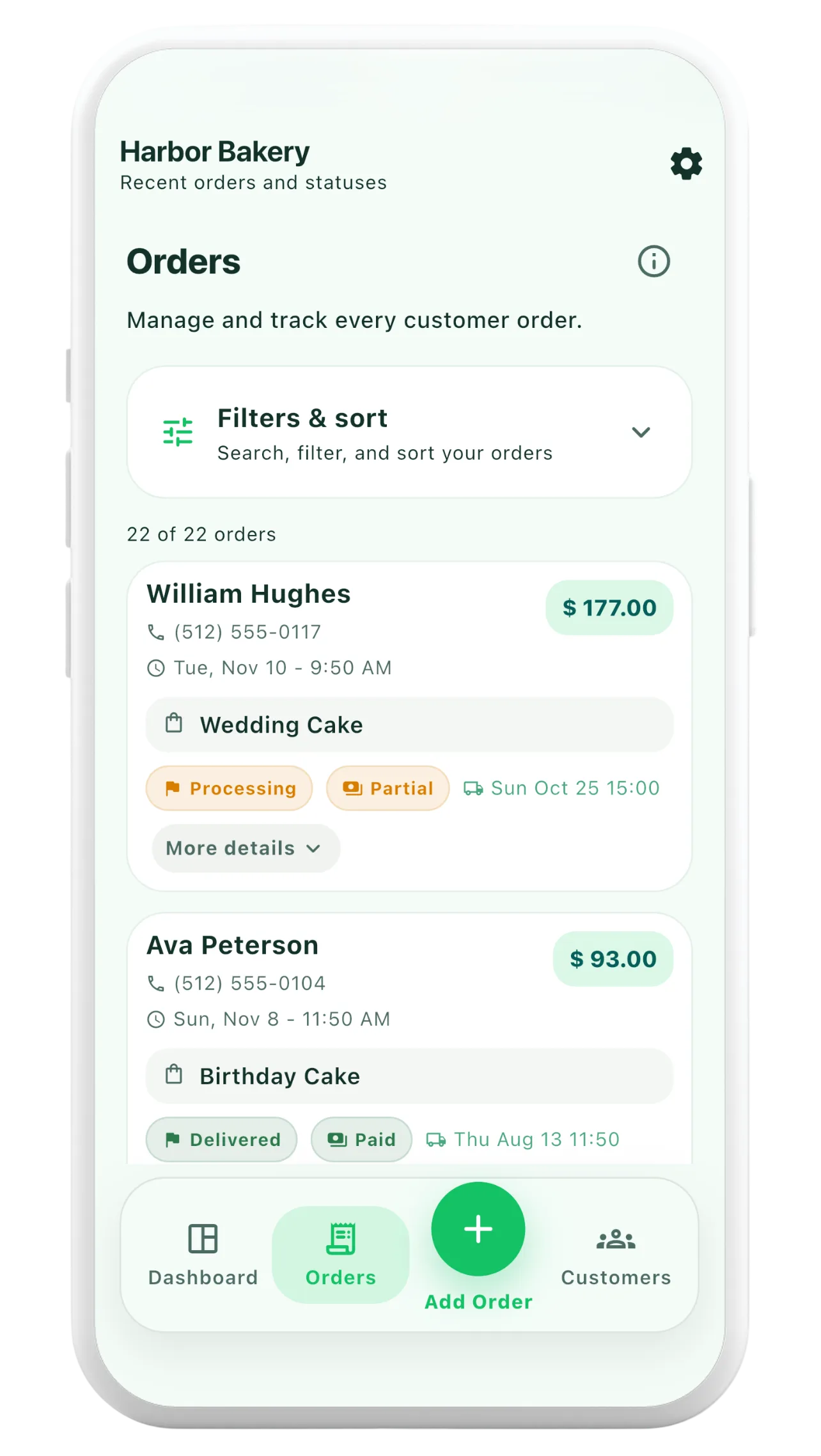 Orderly orders list illustrating customer names, order progress and payment statuses