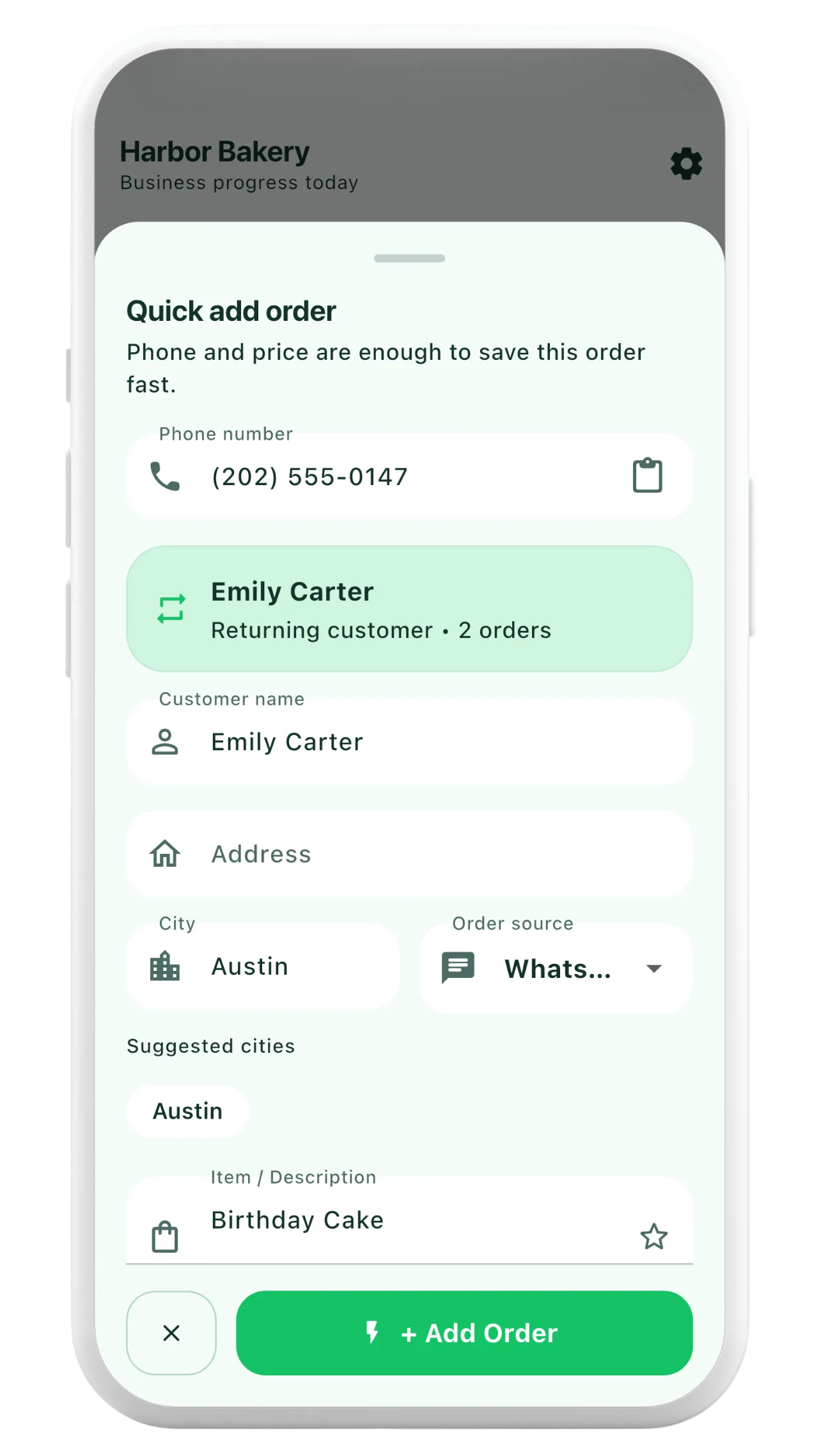Orderly's quick-add screen with structured order fields