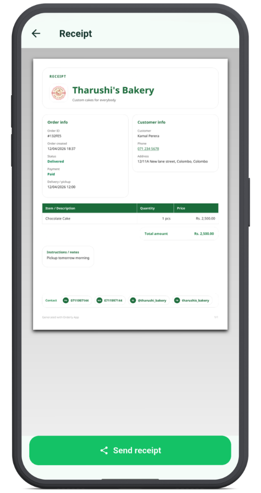 Receipt Preview screen inside the Orderly Android app