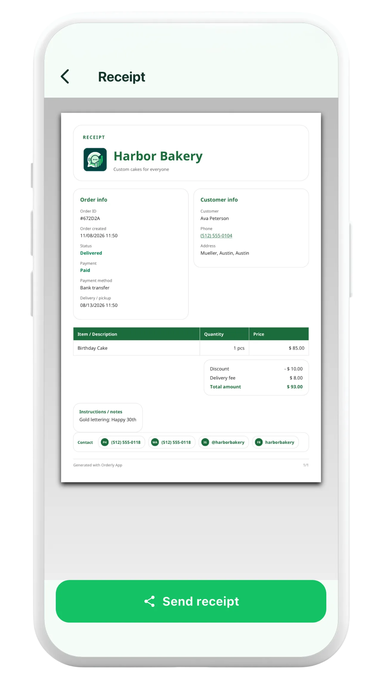 Orderly PDF receipt preview with itemized order and customer information