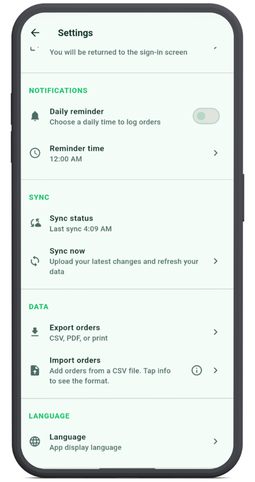 Data Control & Sync screen inside the Orderly Android app