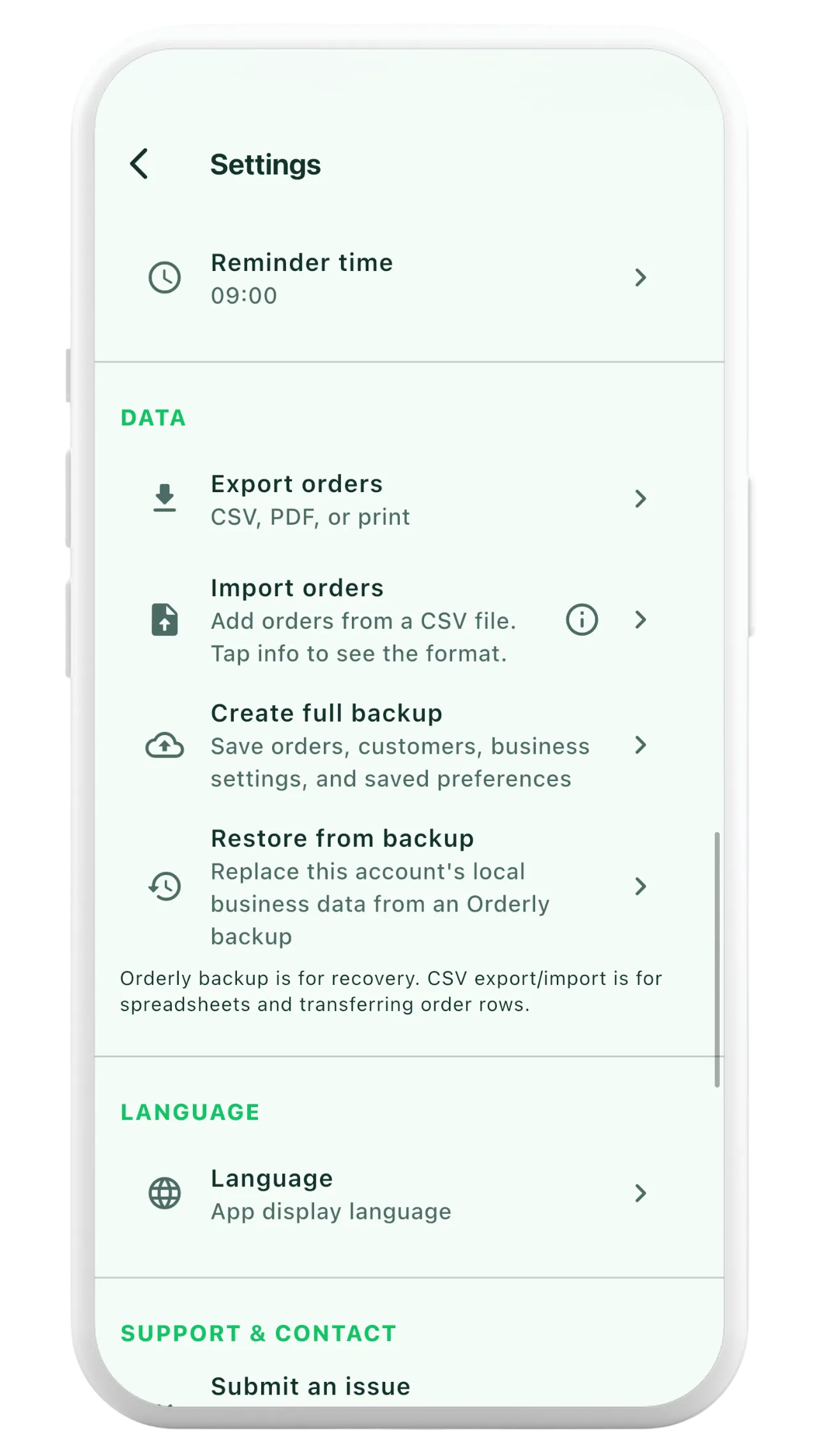 Orderly mobile settings screen showing app data controls and synchronization options