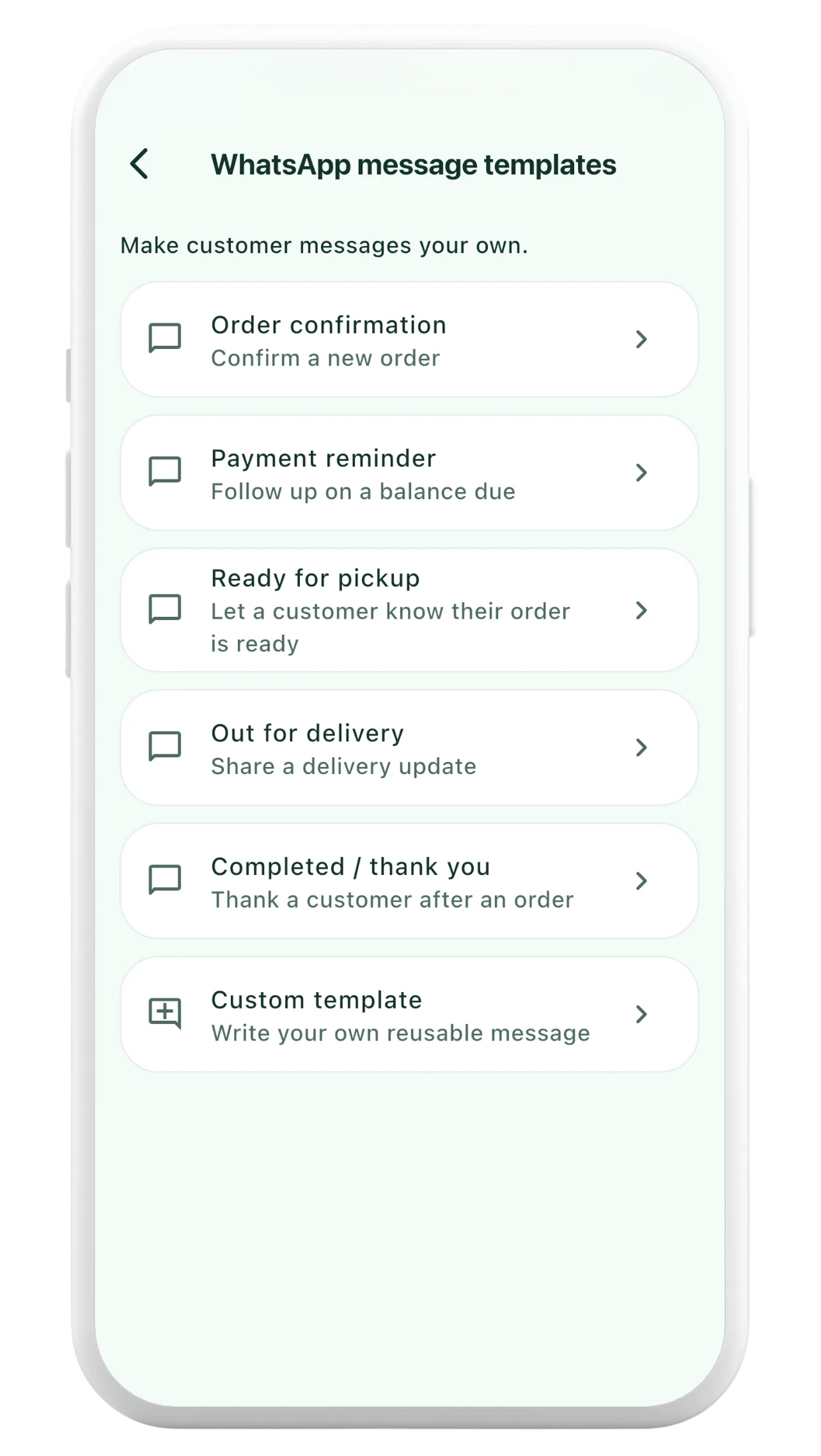 Message Templates screen of the Orderly mobile app